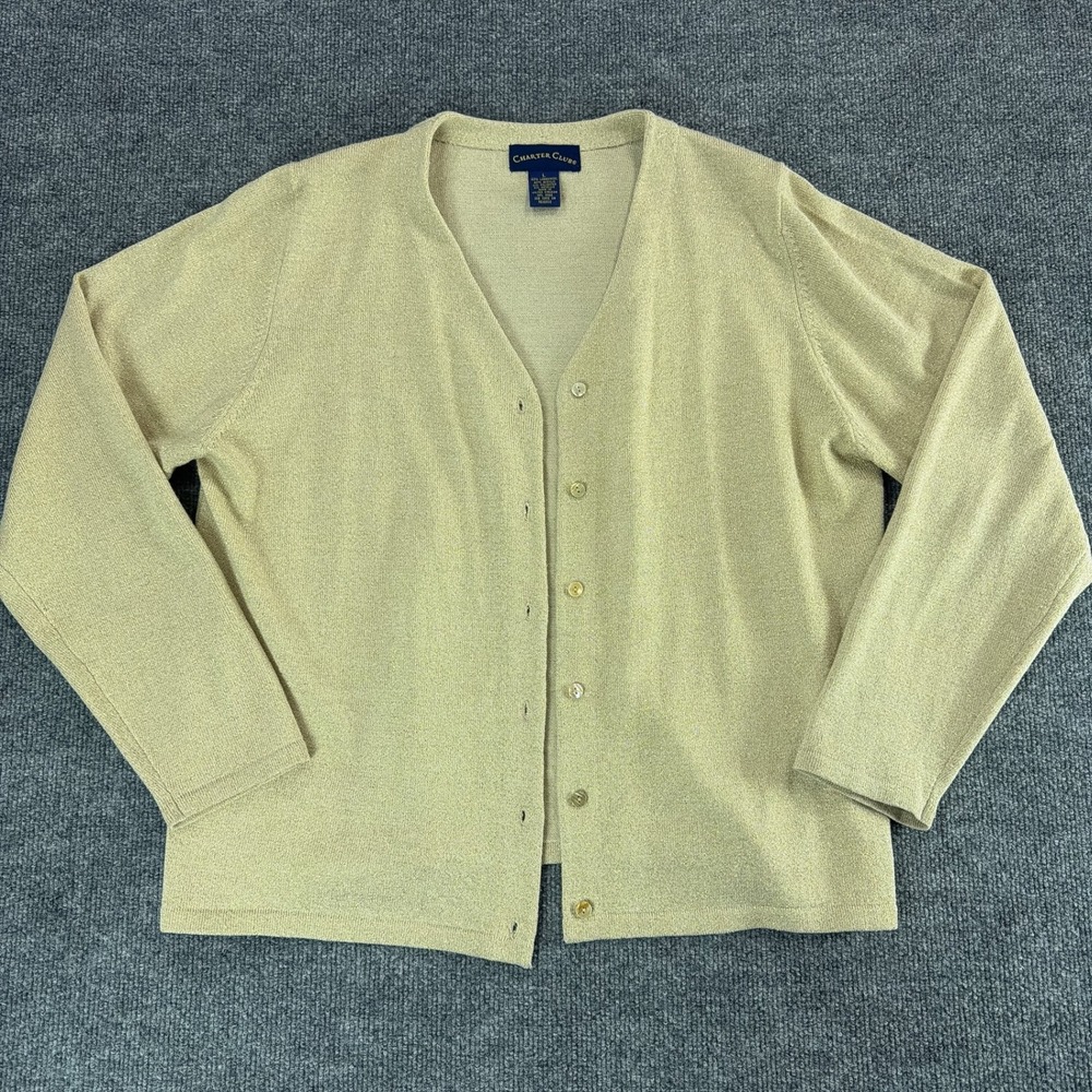 Charter Club Gold Metallic Lambswool Blend V-Neck Cardigan Sweater Large Fall